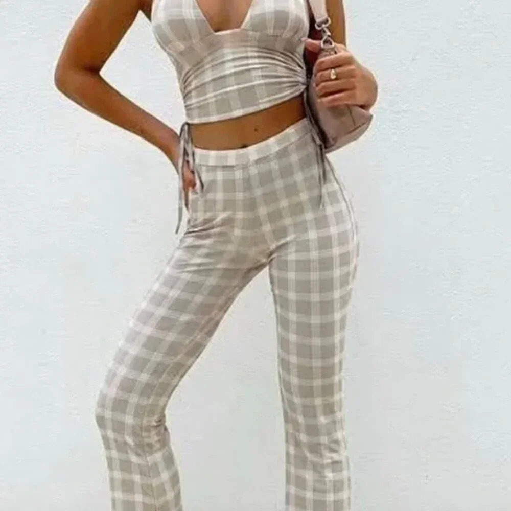 Tiger Mist Beige Plaid Boot Flare Pants